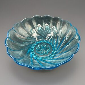 Hazel-Atlas Teal Blue Turquoise Seashell Pattern Serving Bowl - MCM Vintage